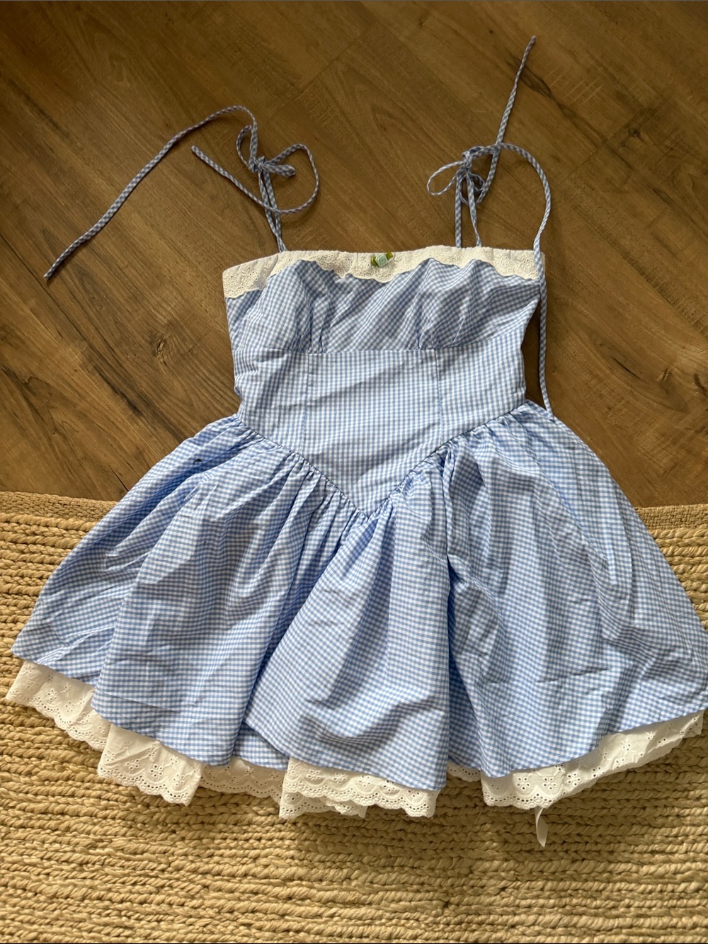 Blue Gingham Dress with Lace Trim